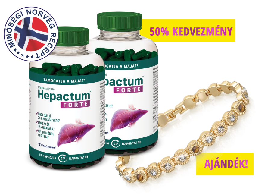 Natural Pharmaceuticals Hepactum™ FORTE A képen a Hepactum™ FORTE étrend-kiegészítő két csomagja látható, amelyek mellett egy felirat található, amely tájékoztat arról, hogy norvég recept szerint készülnek, valamint egy tigrisszemmel díszített karkötő.
